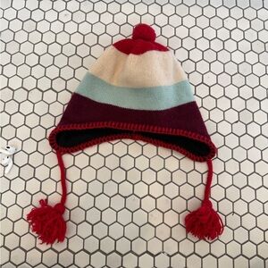 Patagonia Striped Kids Wool Winter Hat with ear flaps and Pom Poms, size medium